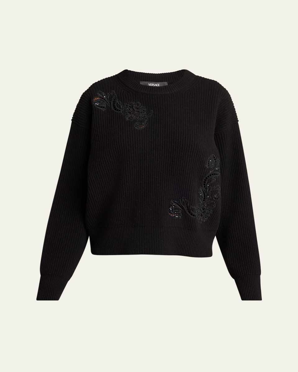 Sequined Barocco Leaf Embroidered Wool Sweater